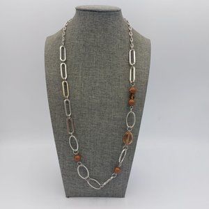 Necklace Silver Toned Large Link Chain Off Set Beads Brown Faceted Amber 40" Lon